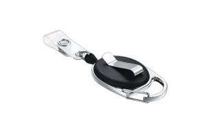 Retractable badge reel with zinc alloy case, metal belt clip, and clear strap for ID cards.