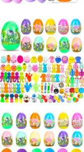 Set scatola misteriosa uova di Pasqua con gusci di plastica colorati e mini giocattoli squishy.