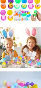 Primo piano di colorate uova di Pasqua con simpatici mini giocattoli di coniglio.