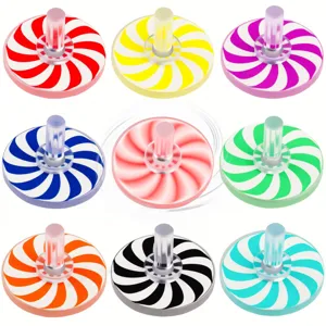 Acrylic whirlwind spinning top detail, colorful swirl pattern toy showcase close-up.