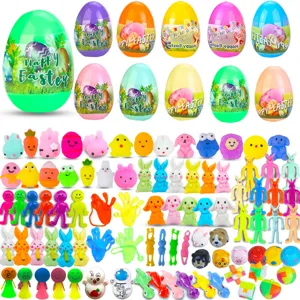 Set scatola misteriosa uova di Pasqua con simpatici giocattoli squishy mochi e figurine.