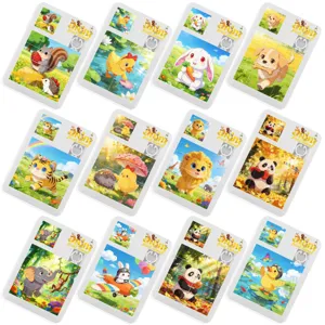 Vista dettagliata del puzzle scorrevole a cartoni animati, gioco rompicapo con animali.