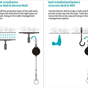 VR cable management retractable tether pulley system with adhesive and screw installation options.