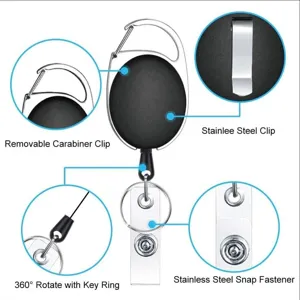 Retractable metal badge reel with carabiner clip, 360-degree rotation and stainless steel snap.