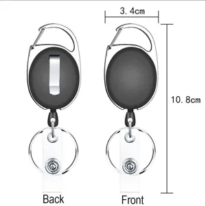 Zinc alloy metal retractable badge reel with carabiner key ring, front and back view.