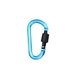 Nahaufnahme Detail des blauen Aluminium D-Form Karabiners mit Schraubverschluss, Hardware.