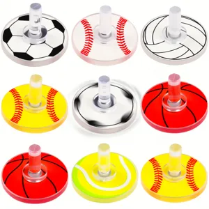 Details of assorted sports balls acrylic spinning tops, transparent handle, portable toy.