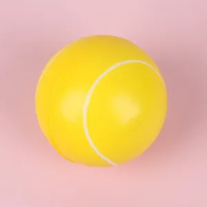 Yellow tennis shaped PU foam stress relief ball detail close up view for daily fun play