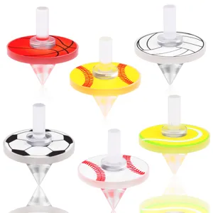 Wholesale acrylic sports spinning tops featuring various ball patterns for kids play.
