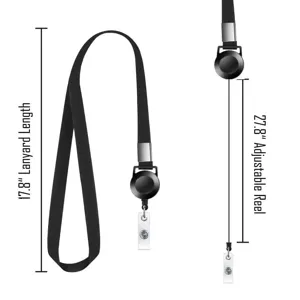 Cordón negro con portatarjetas retráctil, longitud de 17.8 pulgadas y carrete ajustable.