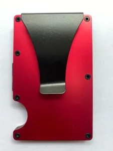 Close-up detail of the stylish red aluminum RFID blocking card wallet with black money clip.