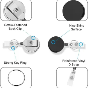 Oprolbare badgehouder met stevige achterclip, sterke sleutelring en versterkte vinylband.