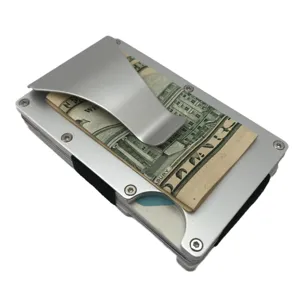Minimalist aluminum RFID blocking wallet with metal cash clip and elastic band holder.