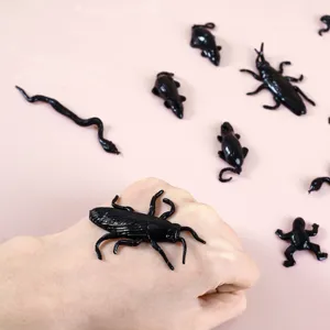 Halloween plastic prank toys set featuring realistic black bugs, rats, snakes and frogs for fun.