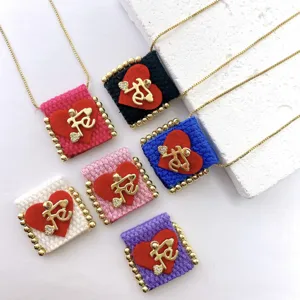 Handmade Woven Fabric Ribbon Square Pendant Necklace Copper Metal Letter Fe Heart Rhinestone Elements Personalized Charm Choker Jewelry Gift For Unisex Daily Wear