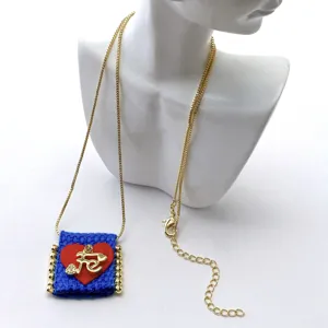 Handmade woven necklace with gold chain blue fabric square pendant red heart Fe letter charm