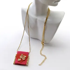 Handmade woven pink heart square pendant gold box chain necklace with fe letter, daily jewelry.