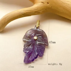 Pendentif Feuille Améthyste Naturelle Bijou Pierre Précieuse Fait Main 47x27mm 8g