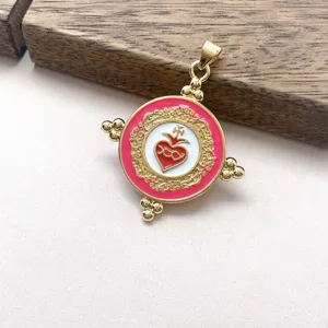 Exquisiter vintage kupferplattierter runder Anhänger mit buntem Öltropfen-Herz, feines Detail.