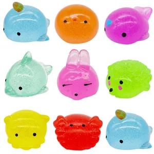 Cute glitter animal squishy toys set, soft rubber stress relief fidget toys for kids.