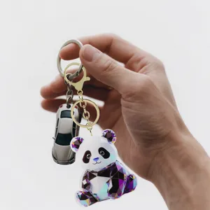 Crystal faceted panda and car keychain pendant, cute metal key ring for backpack and car.