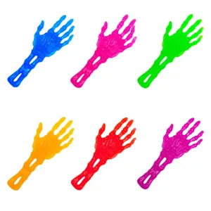 Colorful TPR skeleton hand sticky toys, stretchy novelty prank items for Halloween parties.