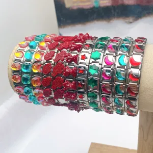 Stainless steel Italian charm bracelet DIY modular links with colorful crystal gems and cute motifs.