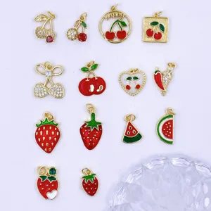 Sweet fruit charms set featuring enamel cherry, strawberry and watermelon designs for DIY jewelry.