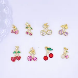Goldene Kirsch-Anhänger mit Zirkonia-Steinen und farbiger Emaille für DIY-Halsketten.