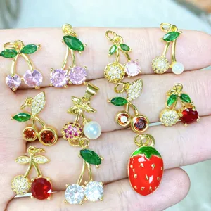 Colorful zirconia cherry and strawberry pendant charms, micro-paved sparkling jewelry accessories.