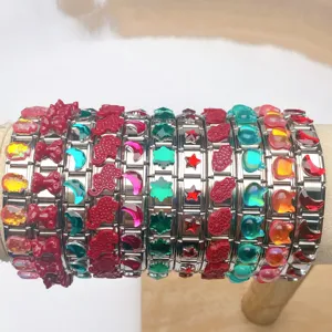 Stainless steel Italian charm bracelet with colorful gemstone modular DIY links for men and women.
