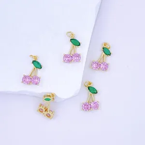 Gold cherry charms with pink and green zircon stones for DIY jewelry making necklaces.