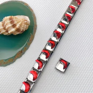 Stainless steel Italian charm bracelet with red crescent gemstone links for DIY jewelry.