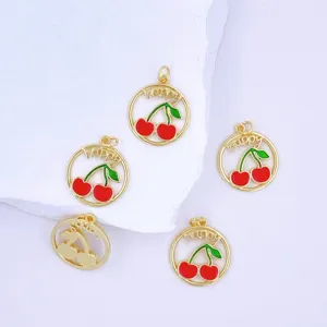Sweet cherry pendant necklace detail showcasing cute red enamel fruit charms with metal frames.