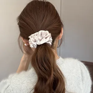 Glittering satin rhinestone floral hair scrunchie elegant ponytail holder fashion accessory