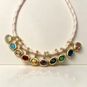 Bunter Zirkonia Edelstein Anhänger DIY Halskette Schmuck Zubehör mit rosa geflochtener Kordel