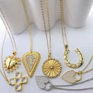 Fashion gold silver plated zircon pendant necklaces with heart cross and horseshoe charms.