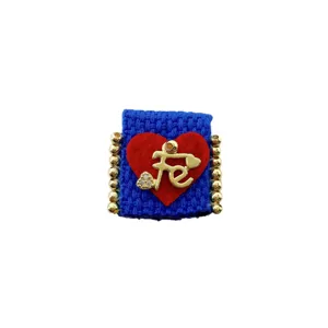 Handmade square FE letter fabric bracelet charm with red heart and gold beads for jewelry DIY.