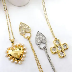 Fashion gold silver plated necklace pendant heart cross zircon DIY jewelry accessories.