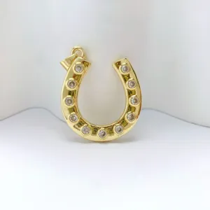 Gold plated horseshoe pendant detail shot, sparkling cubic zirconia stones, DIY jewelry accessory.