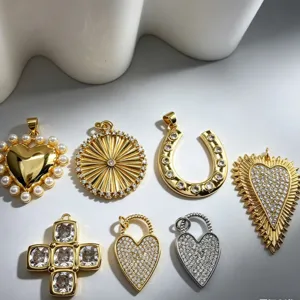 Copper Rhinestone Artificial Pearl Pendant Necklace Heart Cross Horseshoe Sun Round Pendant Jewelry DIY Findings For Women