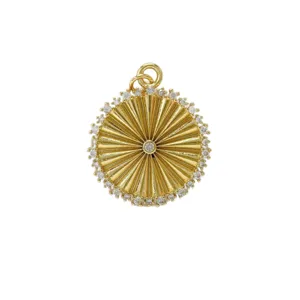 Gold plated round sunburst pendant with sparkling zirconia stones for DIY necklace jewelry.