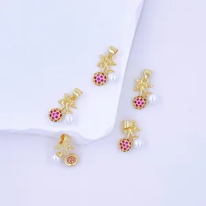 Gold plated cherry pendant with red cubic zirconia and white pearl for DIY jewelry making 1pc
