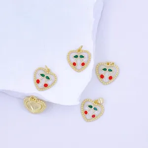 Gold plated heart cherry necklace pendants featuring cute red and green enamel fruit details.