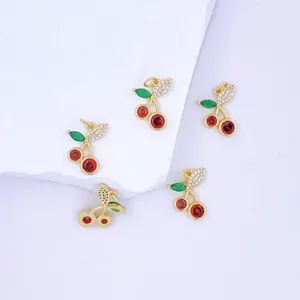 Gold cherry pendant necklace charm, micro pave zircon crystal fruit jewelry accessory