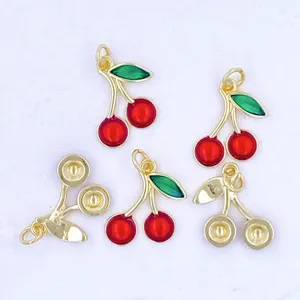 Goldener Kirschen Anhänger DIY Schmuck Zubehör mit roter und grüner Emaillierung