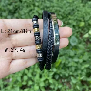 Herren Mehrschicht Leder geflochtenes Armband mit Metallstab und Perlen, 21cm, 27.4g