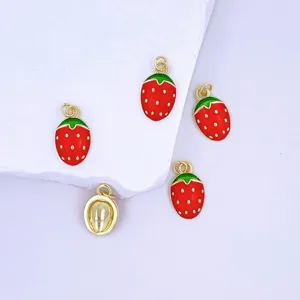 Gold-plated enamel strawberry charms cute red fruit pendants for DIY jewelry making 10pcs