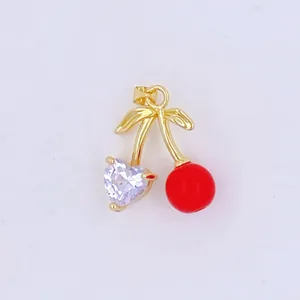 DIY gold plated cherry pendant charm with heart cubic zirconia and red bead for jewelry making.