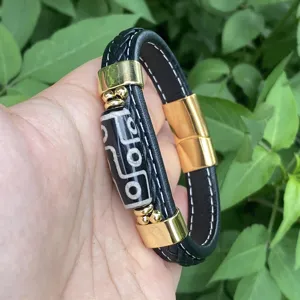 Vintage men leather braided bracelet with black white dzi bead and golden magnetic clasp